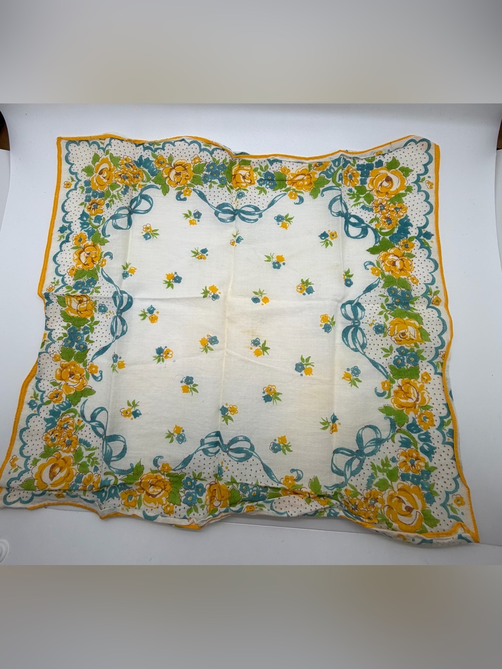 Vintage Floral Handkerchief Yellow Roses Blue Bows Cottagcore Hankie